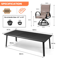 Aluminum Outdoor Dining Set with Straight-Arm Sunbrella Swivel Rocking Chairs