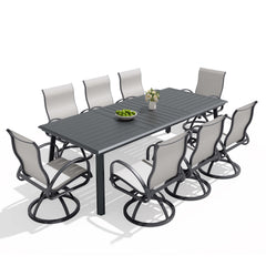 Aluminum Outdoor Dining Set with Straight-Arm Sunbrella Swivel Rocking Chairs