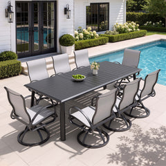 Aluminum Outdoor Dining Set with Straight-Arm Sunbrella Swivel Rocking Chairs