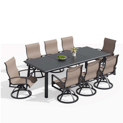 Aluminum Outdoor Dining Set with Curved-Arm Sunbrella Swivel Rocking Chairs