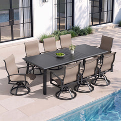 Aluminum Outdoor Dining Set with Curved-Arm Sunbrella Swivel Rocking Chairs