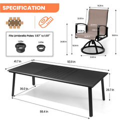 Aluminum Outdoor Dining Set with Curved-Arm Sunbrella Swivel Rocking Chairs