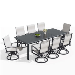 Aluminum Outdoor Dining Set with Curved-Arm Sunbrella Swivel Rocking Chairs
