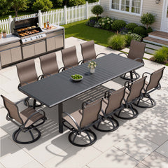 Aluminum Outdoor Dining Set with Straight-Arm Sunbrella Swivel Rocking Chairs