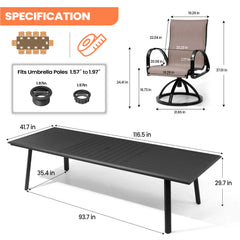 Aluminum Outdoor Dining Set with Straight-Arm Sunbrella Swivel Rocking Chairs