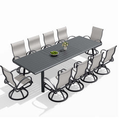 Aluminum Outdoor Dining Set with Straight-Arm Sunbrella Swivel Rocking Chairs