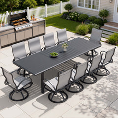 Aluminum Outdoor Dining Set with Straight-Arm Sunbrella Swivel Rocking Chairs