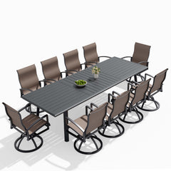 Aluminum Outdoor Dining Set with Curved-Arm Sunbrella Swivel Rocking Chairs