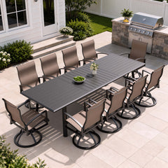 Aluminum Outdoor Dining Set with Curved-Arm Sunbrella Swivel Rocking Chairs