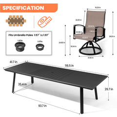 Aluminum Outdoor Dining Set with Curved-Arm Sunbrella Swivel Rocking Chairs