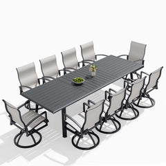 Aluminum Outdoor Dining Set with Curved-Arm Sunbrella Swivel Rocking Chairs