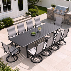 Aluminum Outdoor Dining Set with Curved-Arm Sunbrella Swivel Rocking Chairs