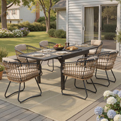 Aluminum Expandable Outdoor Dining Table and PE Rattan Chairs with Cushions Set
