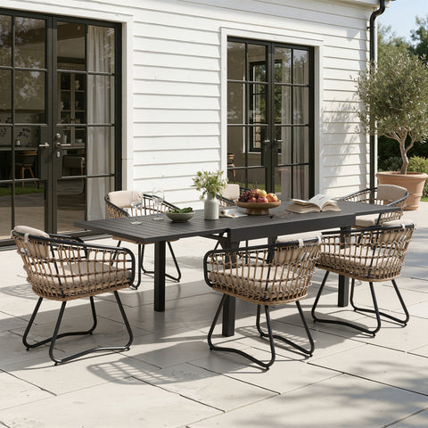 Aluminum Expandable Outdoor Dining Table and PE Rattan Chairs with Cushions Set