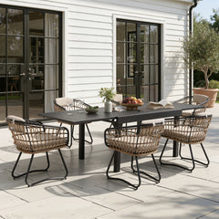 Aluminum Expandable Outdoor Dining Table and PE Rattan Chairs with Cushions Set