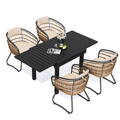 Aluminum Expandable Outdoor Dining Table and PE Rattan Chairs with Cushions Set
