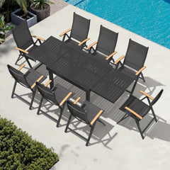 Aluminum Expandable Outdoor Dining Table and Folding Chairs with Textilene Seat and Teak Armrests Set