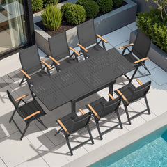 Aluminum Expandable Outdoor Dining Table and Folding Chairs with Textilene Seat and Teak Armrests Set