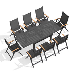 Aluminum Expandable Outdoor Dining Table and Folding Chairs with Textilene Seat and Teak Armrests Set