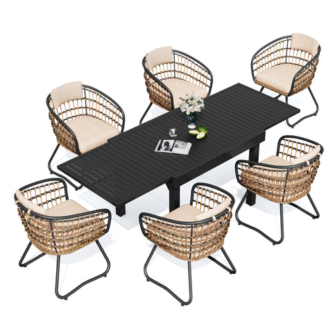 Aluminum Expandable Outdoor Dining Table and PE Rattan Chairs with Cushions Set