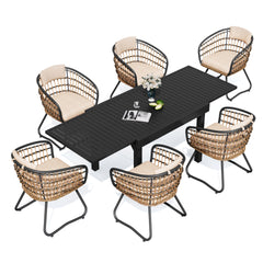 Aluminum Expandable Outdoor Dining Table and PE Rattan Chairs with Cushions Set