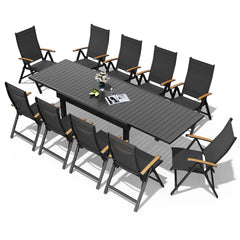 Aluminum Expandable Outdoor Dining Table and Folding Chairs with Textilene Seat and Teak Armrests Set