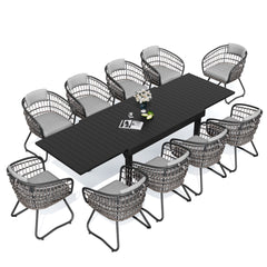 Aluminum Expandable Outdoor Dining Table and PE Rattan Chairs with Cushions Set