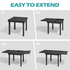 Aluminum Expandable Outdoor Dining Table and Folding Chairs with Textilene Seat and Teak Armrests Set
