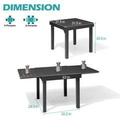 Aluminum Expandable Outdoor Dining Table and Folding Chairs with Textilene Seat and Teak Armrests Set
