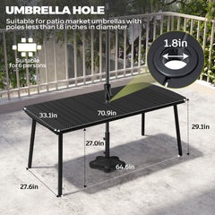71 x 33 in. Rectangular Aluminum Outdoor Patio Dining Table with Umbrella Hole