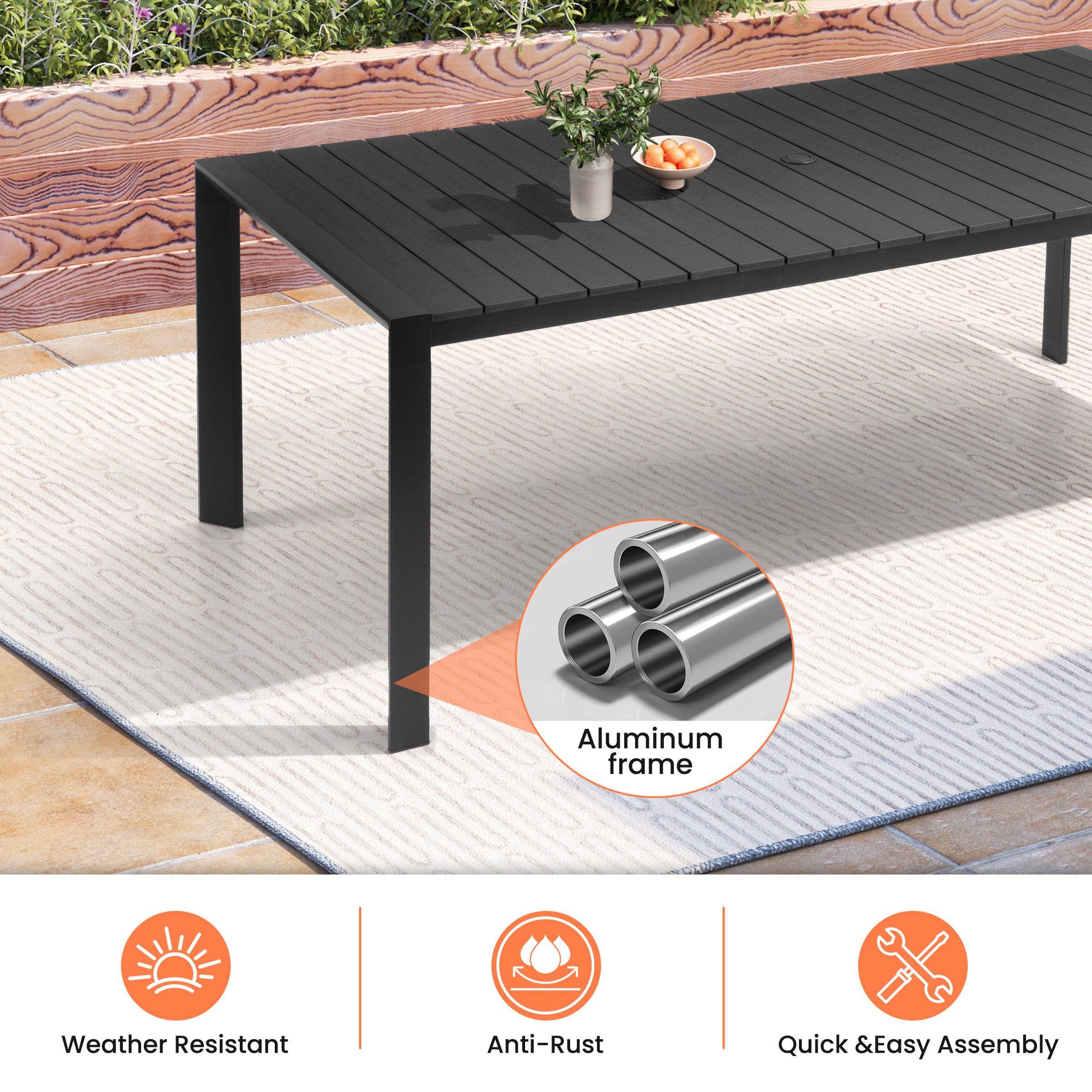 Pellebant 83 in. Outdoor Patio Dining Table with Umbrella Hole, Rust-Free Aluminum Frame and Weather-Resistant Wood-Like Top