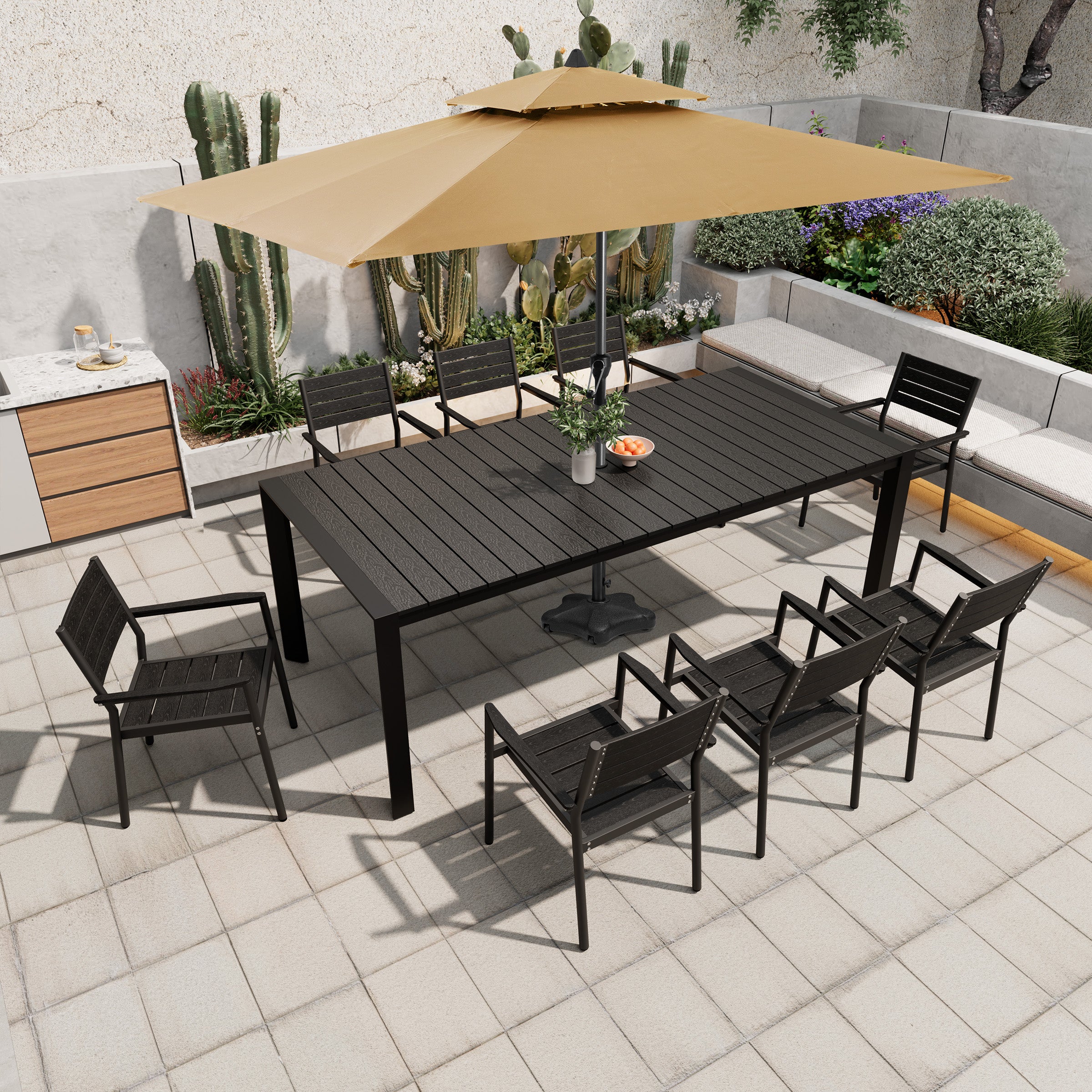 Pellebant 83 in. Outdoor Patio Dining Table with Umbrella Hole, Rust-Free Aluminum Frame and Weather-Resistant Wood-Like Top