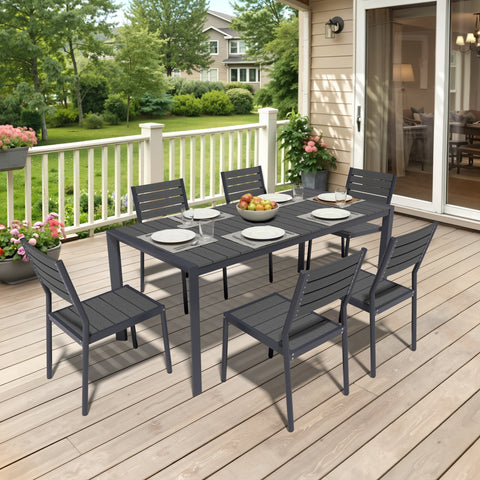 Rectangular Aluminum Outdoor Dining Table with Umbrella Hole and Stackable Chairs Set