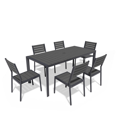 Rectangular Aluminum Outdoor Dining Table with Umbrella Hole and Stackable Chairs Set