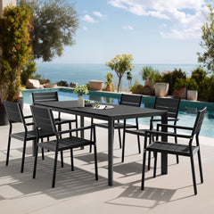 Rectangular Aluminum Outdoor Dining Table with Umbrella Hole and Stackable Chairs Set