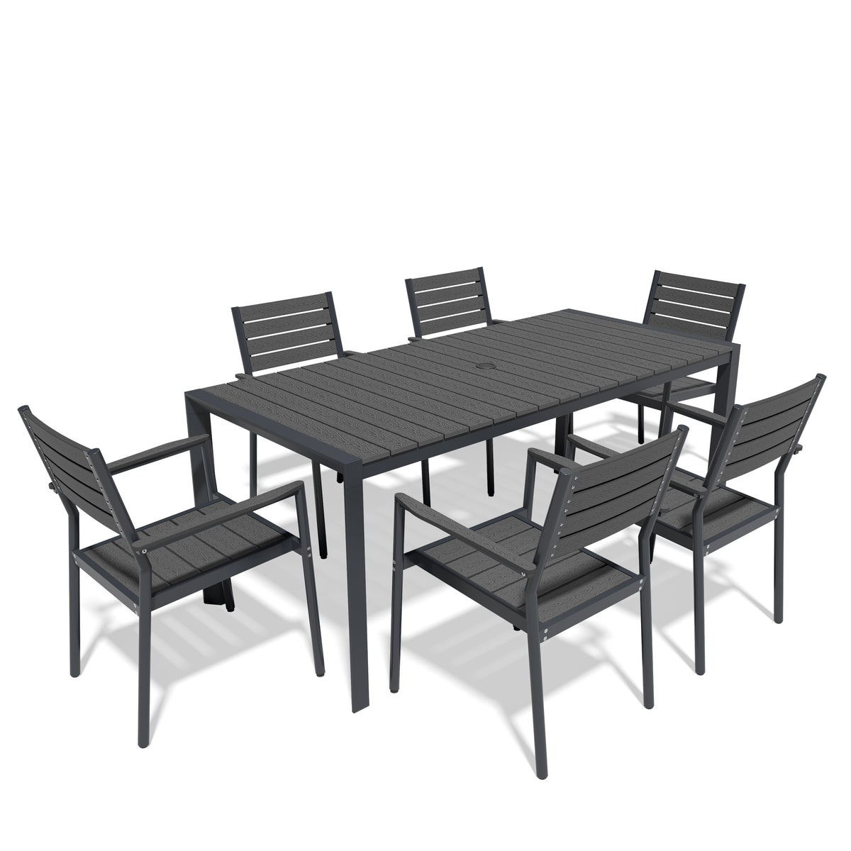 Rectangular Aluminum Outdoor Dining Table with Umbrella Hole and Stackable Chairs Set
