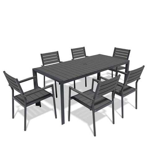 Rectangular Aluminum Outdoor Dining Table with Umbrella Hole and Stackable Chairs Set
