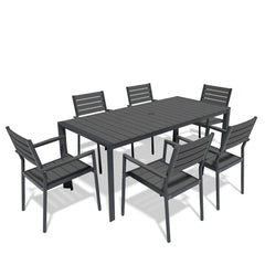 Rectangular Aluminum Outdoor Dining Table with Umbrella Hole and Stackable Chairs Set