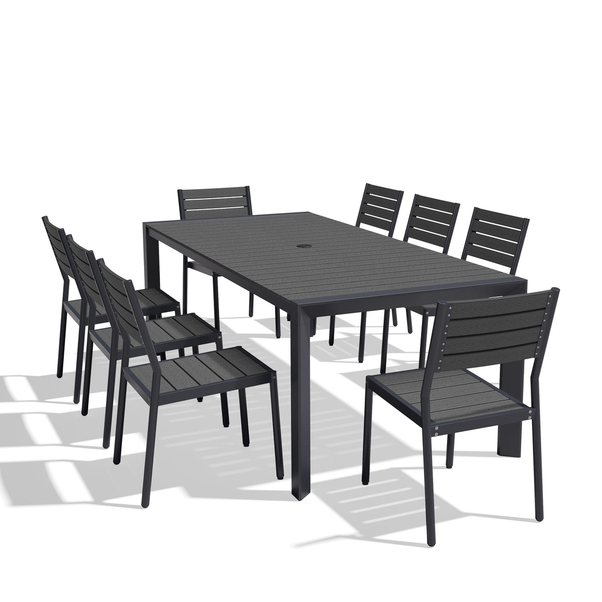 Rectangular Aluminum Outdoor Dining Table with Umbrella Hole and Stackable Chairs Set