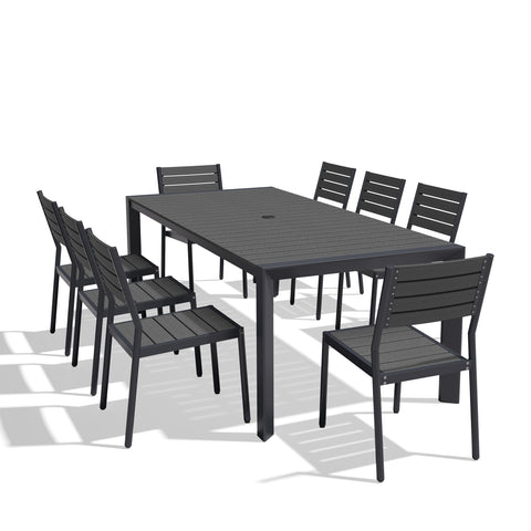 Rectangular Aluminum Outdoor Dining Table with Umbrella Hole and Stackable Chairs Set
