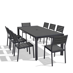 Rectangular Aluminum Outdoor Dining Table with Umbrella Hole and Stackable Chairs Set