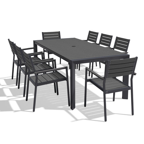 Rectangular Aluminum Outdoor Dining Table with Umbrella Hole and Stackable Chairs Set