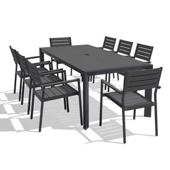 Rectangular Aluminum Outdoor Dining Table with Umbrella Hole and Stackable Chairs Set