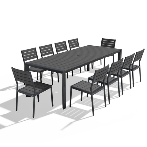 Rectangular Aluminum Outdoor Dining Table with Umbrella Hole and Stackable Chairs Set