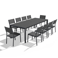 Rectangular Aluminum Outdoor Dining Table with Umbrella Hole and Stackable Chairs Set