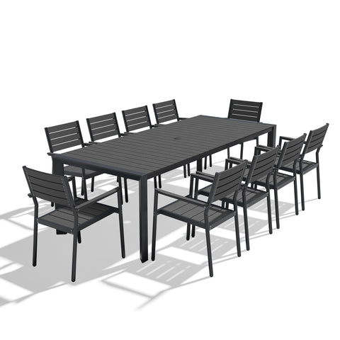 Rectangular Aluminum Outdoor Dining Table with Umbrella Hole and Stackable Chairs Set