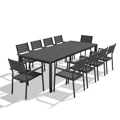 Rectangular Aluminum Outdoor Dining Table with Umbrella Hole and Stackable Chairs Set