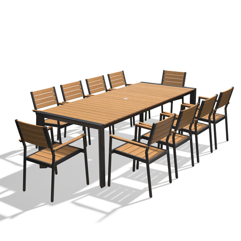 Rectangular Aluminum Outdoor Dining Table with Umbrella Hole and Stackable Chairs Set