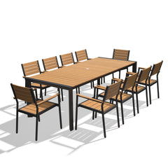Rectangular Aluminum Outdoor Dining Table with Umbrella Hole and Stackable Chairs Set