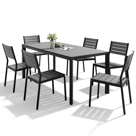 Pellebant Rectangular Aluminum Outdoor Dining Table with Umbrella Hole with Outdoor Stackable Dining Chair